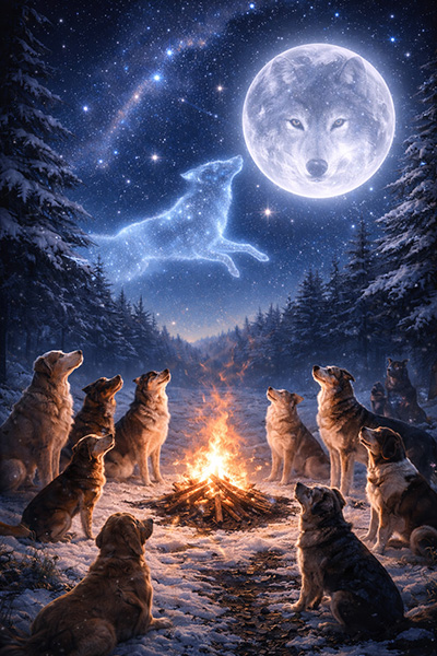 Two dogs with wings flying above the clouds