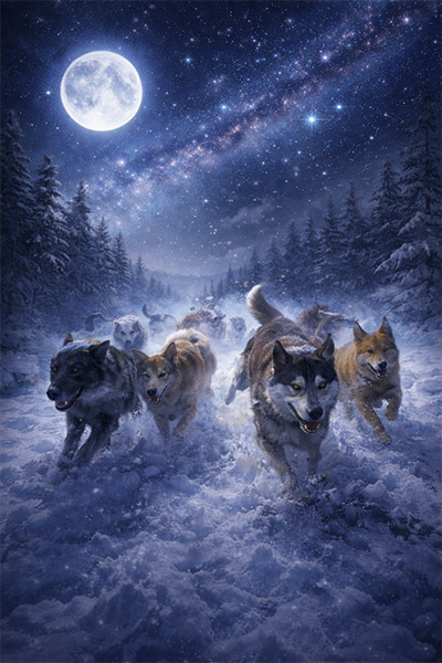 Midnight run through the snow with the pack of dogs 